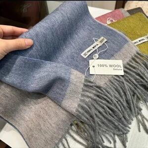Wool Scarf With Fringe Color Block 100% Australian Premium Wool Fog Blue